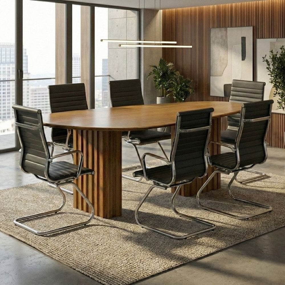 Conjunto Mesa de Reuniao com Tampo Organico e 6 Cadeiras Escritório Fixa Esteirinha Espresso Móveis Freijo / Preto