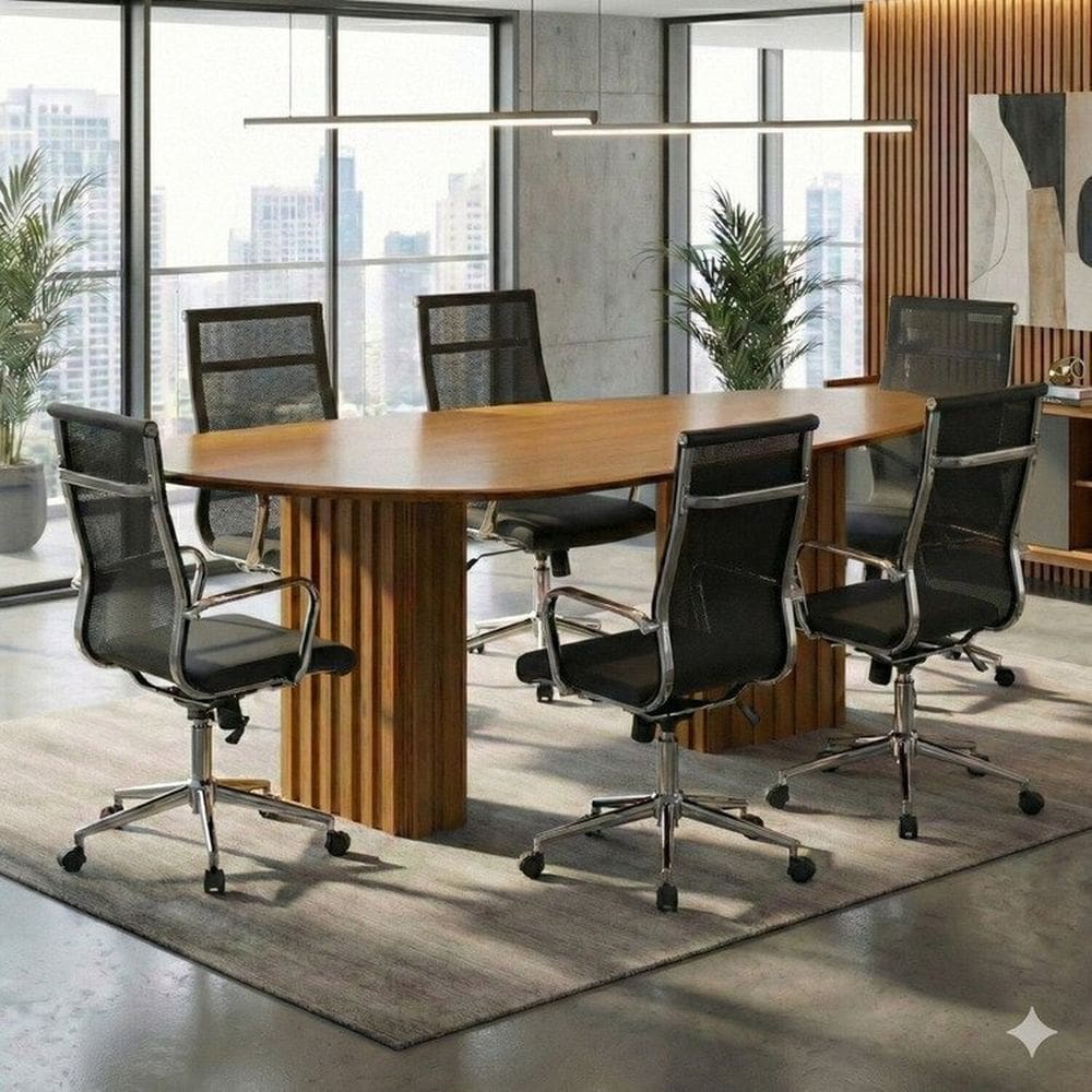 Conjunto Mesa de Reuniao com Tampo Organico e 6 Cadeiras Tela Mesh Roma Espresso Móveis Freijo / Preto