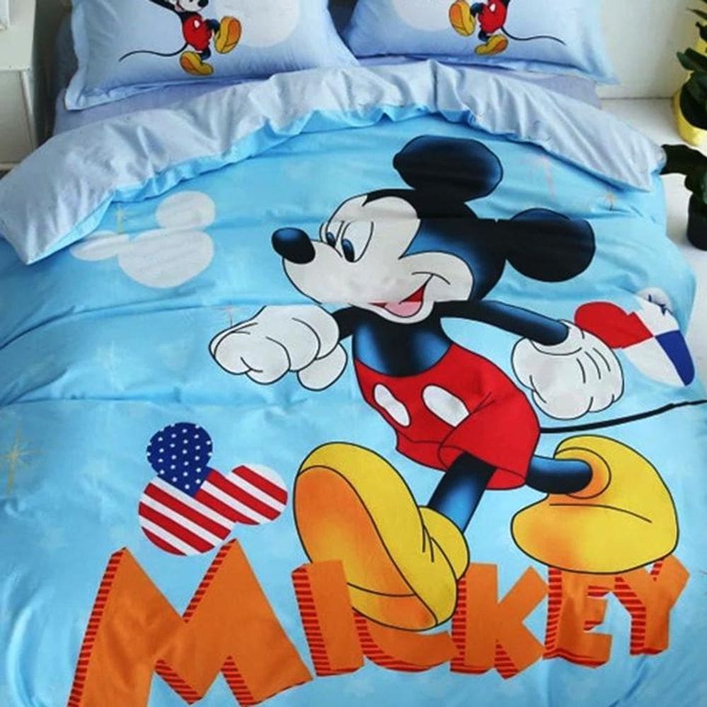 Jogo De Cama Solteiro King Infantil Mickey Azul 4 Peças