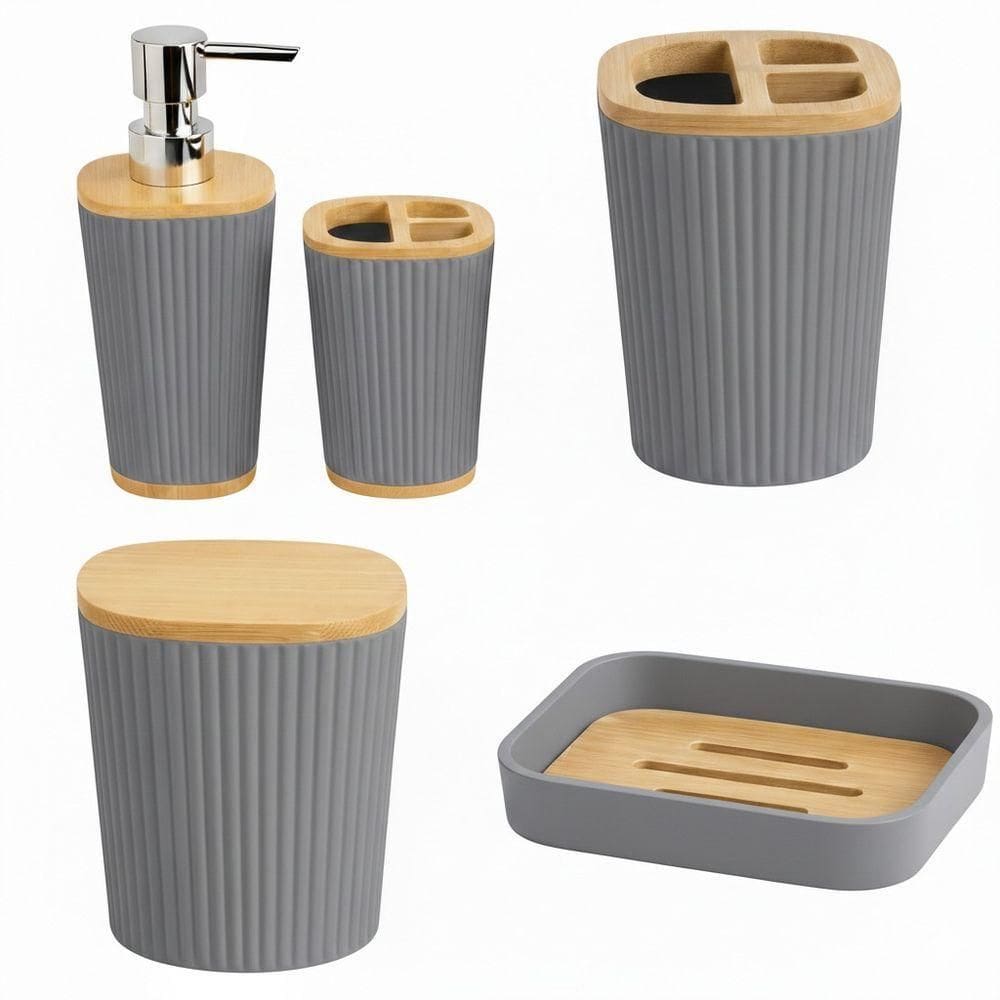 Conjunto Banheiro 4 Peças Preto Com Bambu Design Moderno E Elegante - Cinza