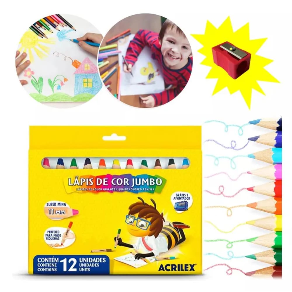 Lápis de Cor Jumbo Super Mina 12 cores Acrilex