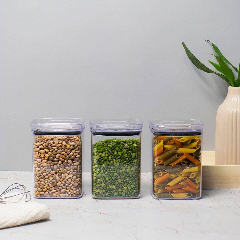 Kit 3 Potes Hermético Transparente Quadrado 1L Para Granel Cereais Alimentos