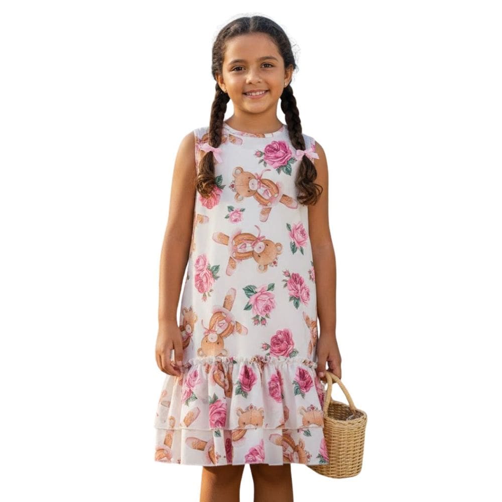 Vestido Infantil Ursinhos e Rosas com Babado Floral Festa