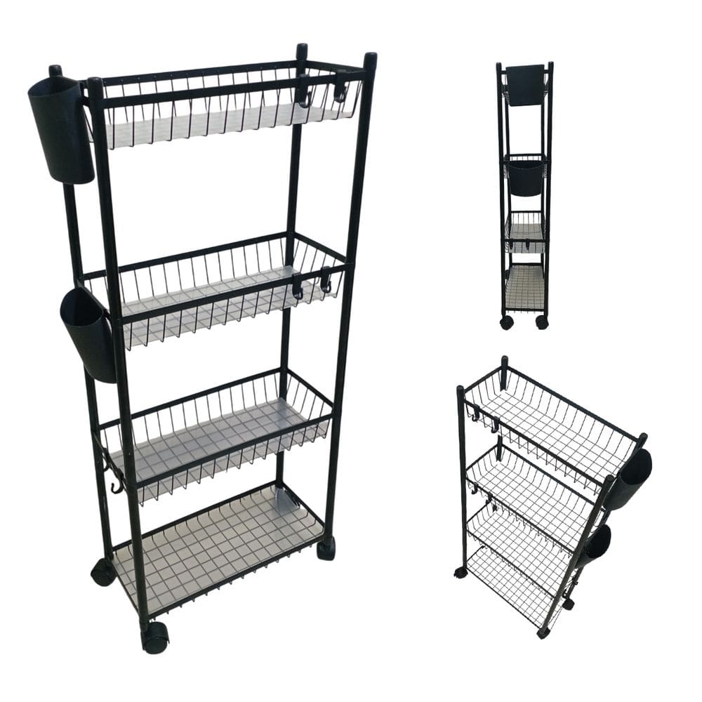 Carrinho Organizador 4 Prateleira Multiuso Cozinha Lavanderia Banheiro Ganchos E Escorredor Higiene Tempero Mantimentos