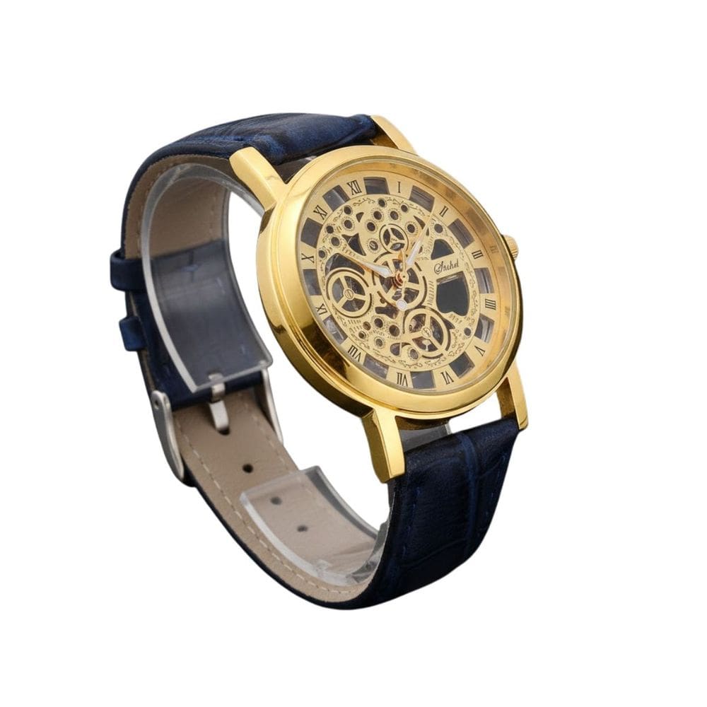 Relógio Masculino Dourado Skeleton Luxo Couro Festa