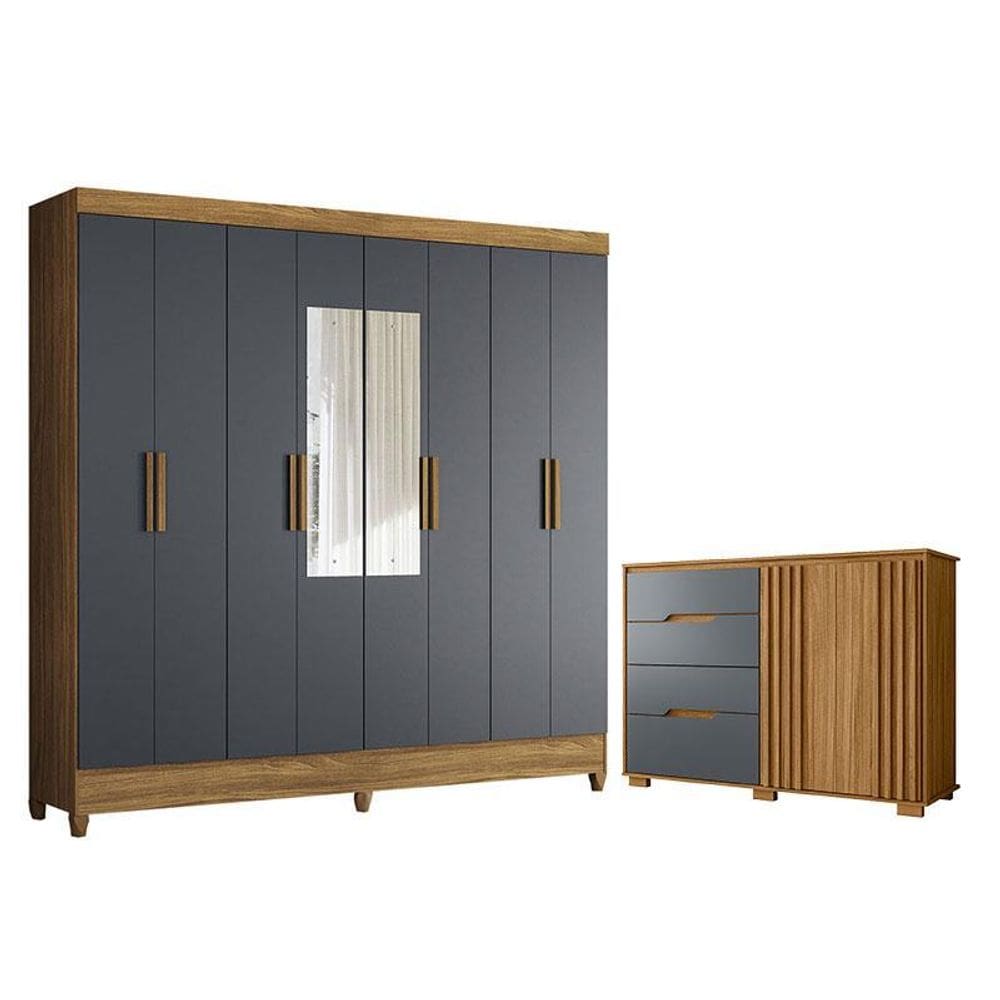 Guarda Roupa Casal Marajó com Espelho e Cômoda Texas Freijó Cinza – Moval