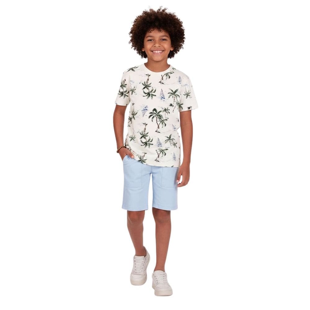 Conjunto Infantil Camiseta Coqueiro e Bermuda Azul Festa