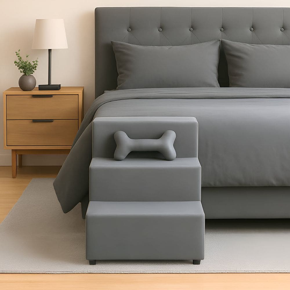 Escada Escadinha para Pet 3 Degraus com Osso cor Cinza Veludo Liberty Móveis