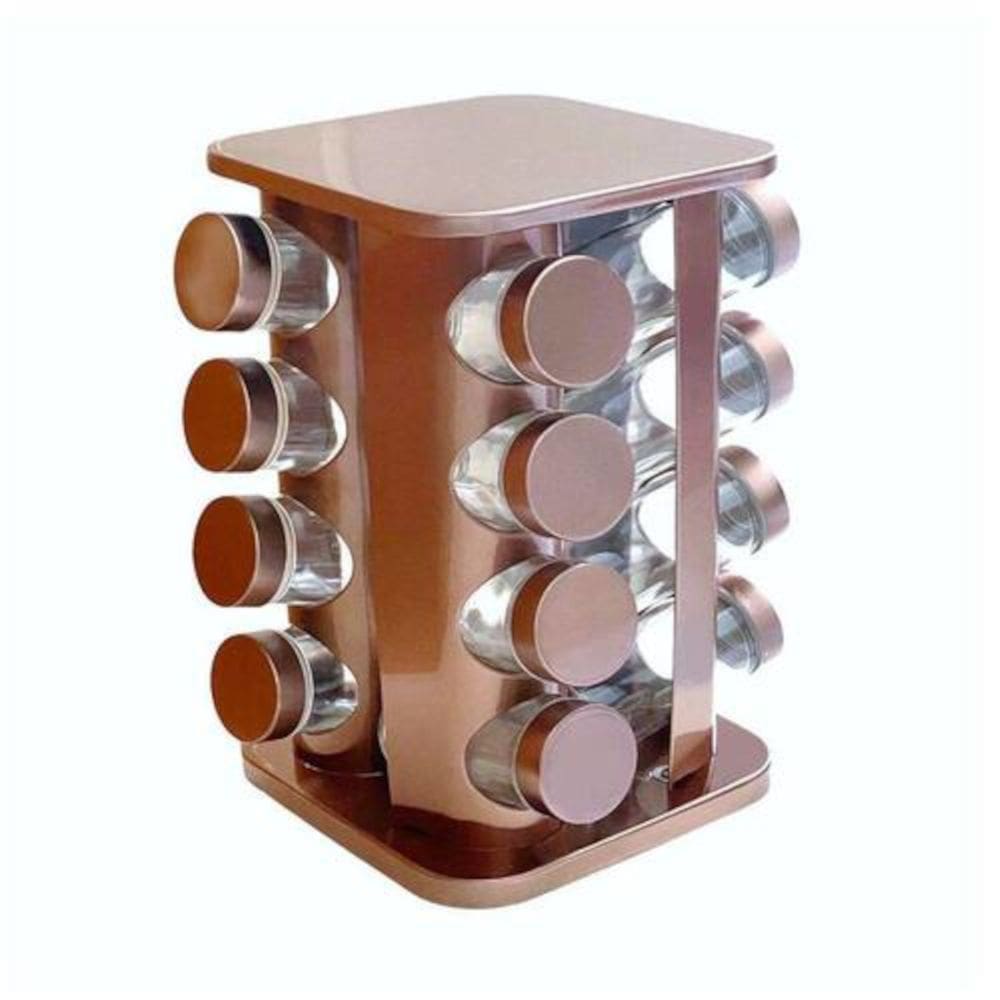 Torre de Temperos Inox 16 Potes com Suporte Giratório e Frascos de Vidro