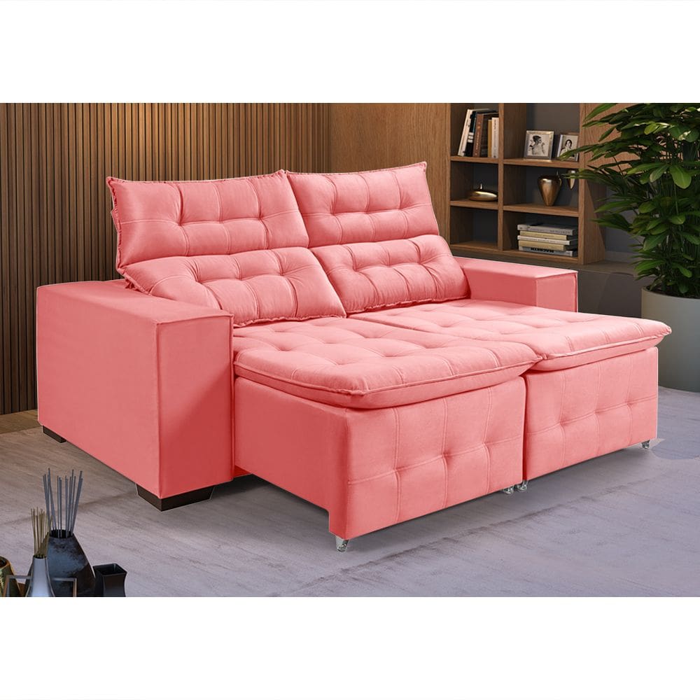 Sofá Retrátil Reclinável 3 Lugares Pillow Veludo 1,90m Conforto Sala - Rosê Veludo