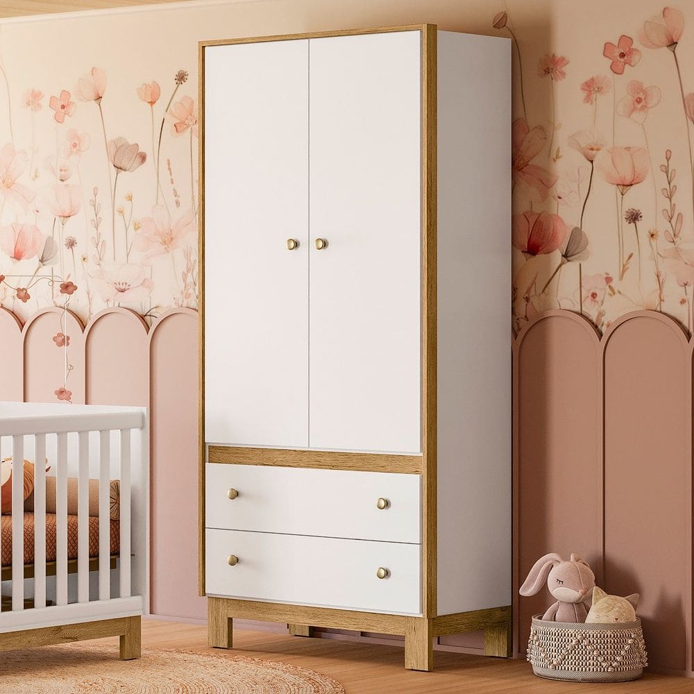 Guarda Roupa Roupeiro Infantil 2 Portas e 2 Gavetas Flora 5055 Branco Acetinado Qmovi