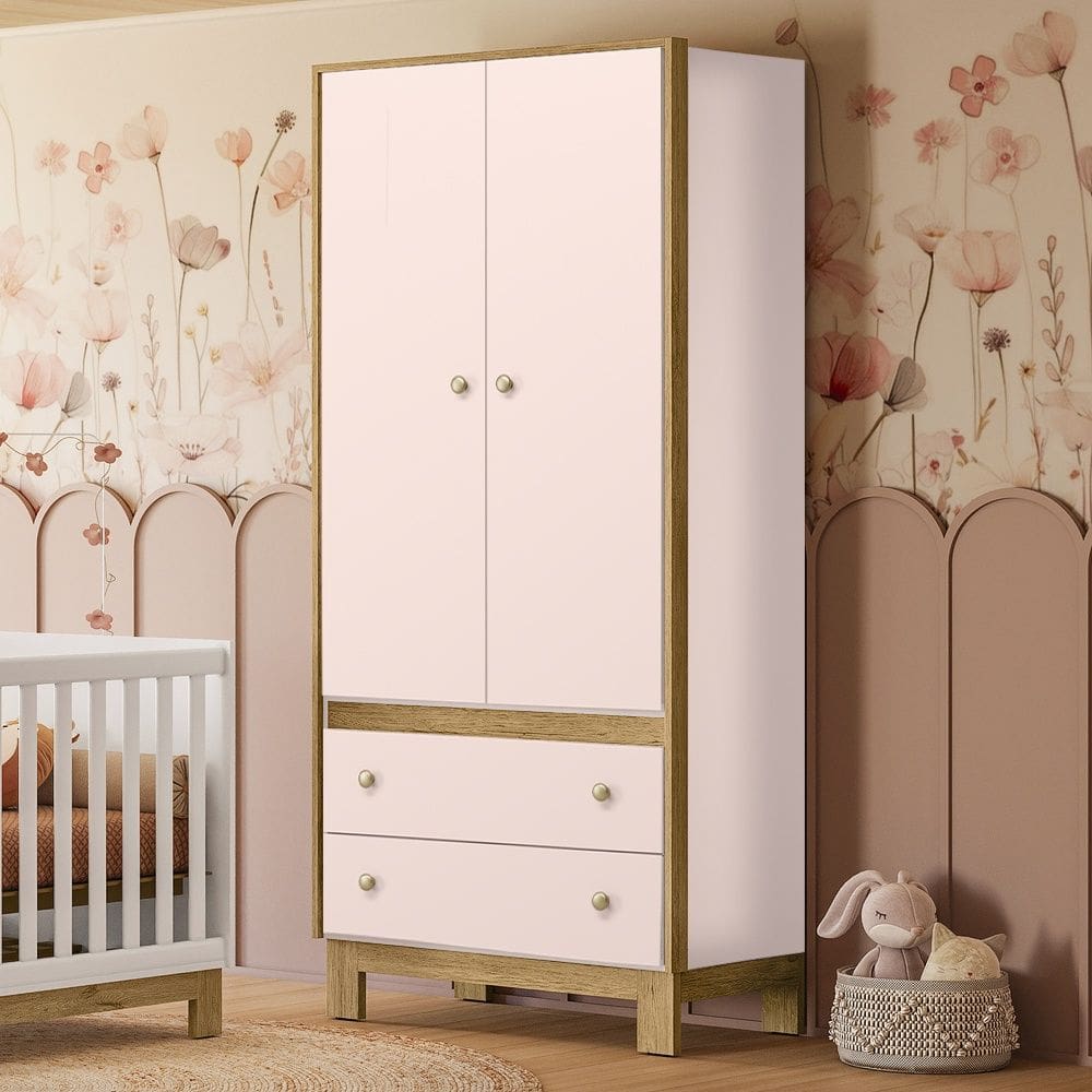 Guarda Roupa Roupeiro Infantil 2 Portas e 2 Gavetas Flora 5055 Rosa Qmovi