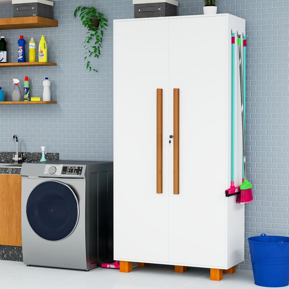 Armário Multiuso p/ Lavanderia c/ 2 Portas Pés em Madeira