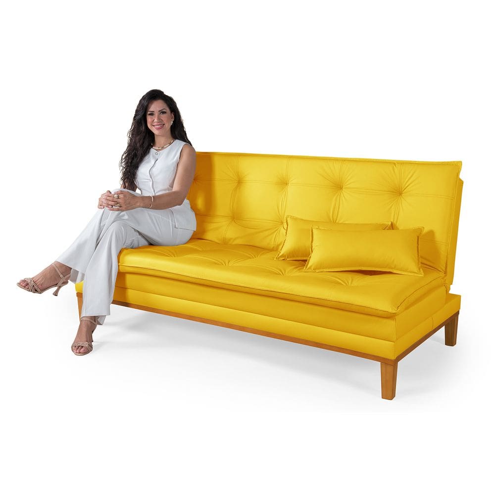 Sofá Cama Mobly Estofado em Corino Pés em Madeira Reforçado