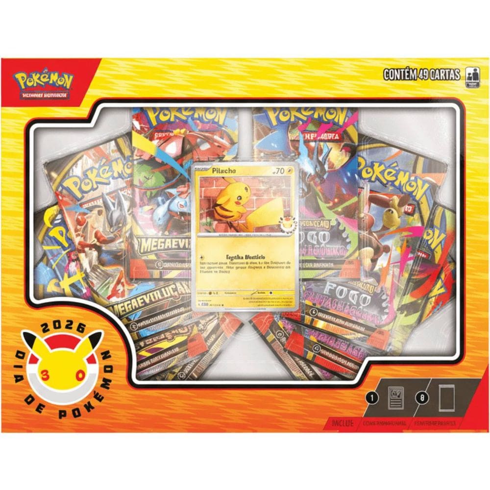 Box Coleção Dia de Pokemon 2026 Pikachu 49 Cartas Copag TCG