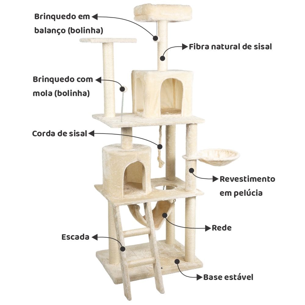 Arranhador de gato grande, luxuoso, multifuncional com casas, cama de pelúcia, cesto, rede, poleiros e brinquedos