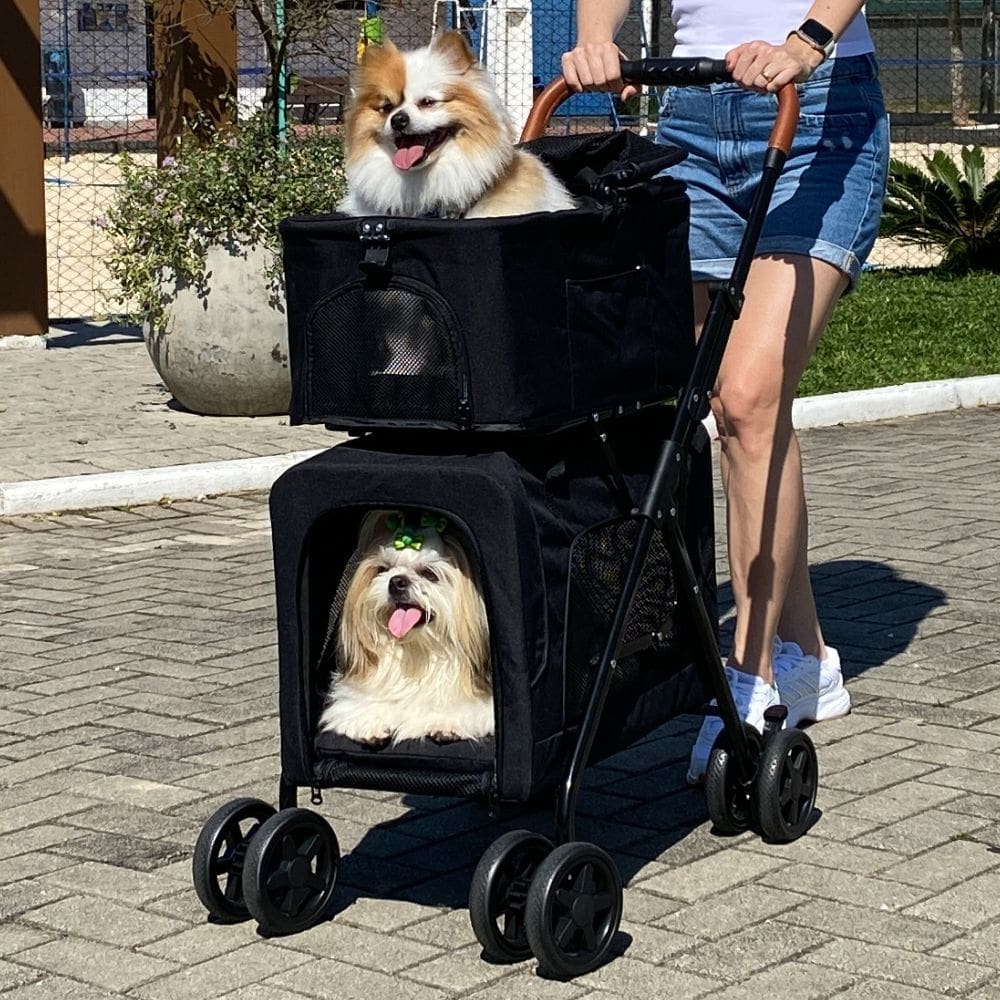 Carrinho de passeio duplo com berços removíveis para pets de pequeno porte até 15 kg