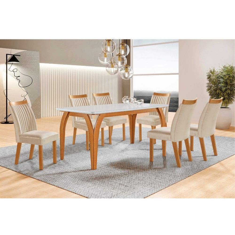 Conjunto Sala de Jantar Mesa Agata com Tampo de Vidro 180cm e 6 Cadeiras em MDF Dara LJ Moveis
