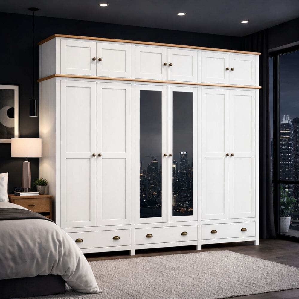 Guarda Roupa Madeira Maciça Bipartido 12 Portas c/ Espelhos