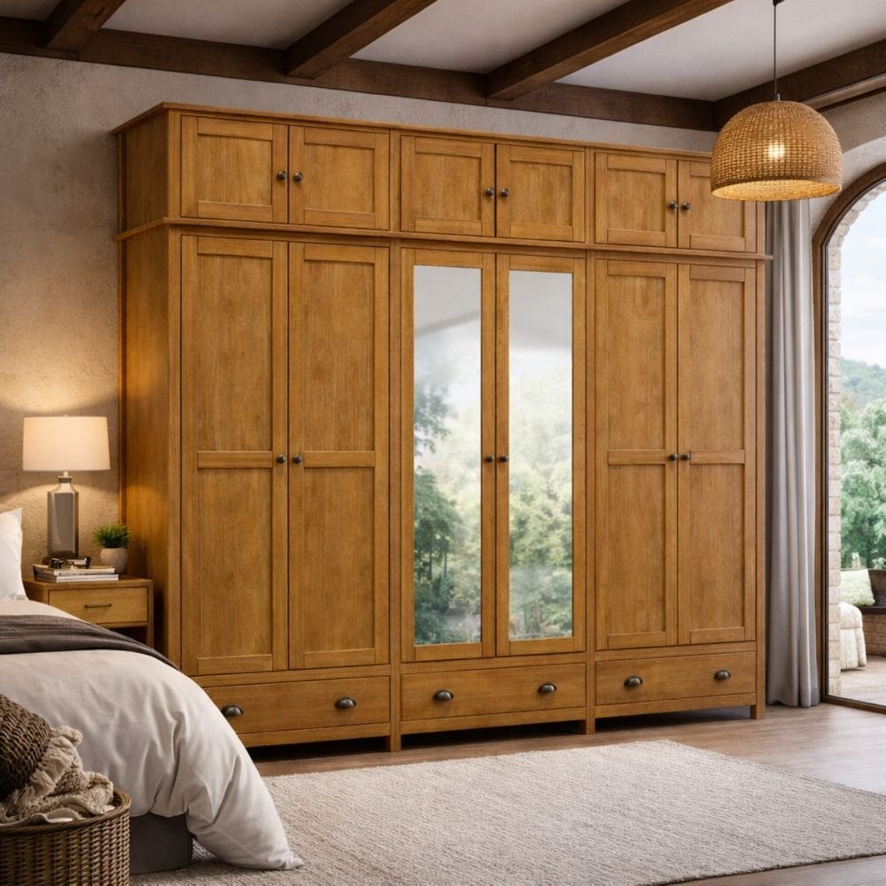 Guarda Roupa Madeira Maciça Bipartido 12 Portas c/ Espelhos