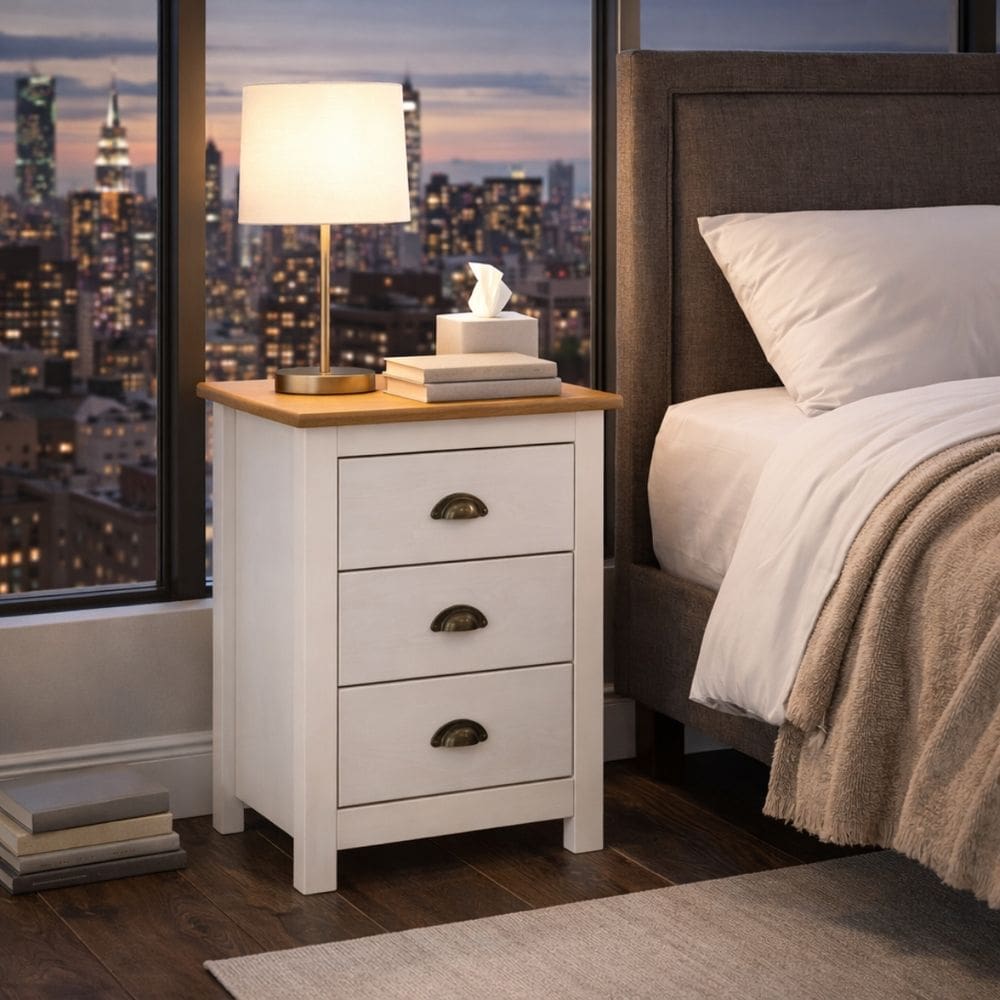 Mesa de Cabeceira Madeira Maciça Mesinha Apoio 3 Gaveta Boho