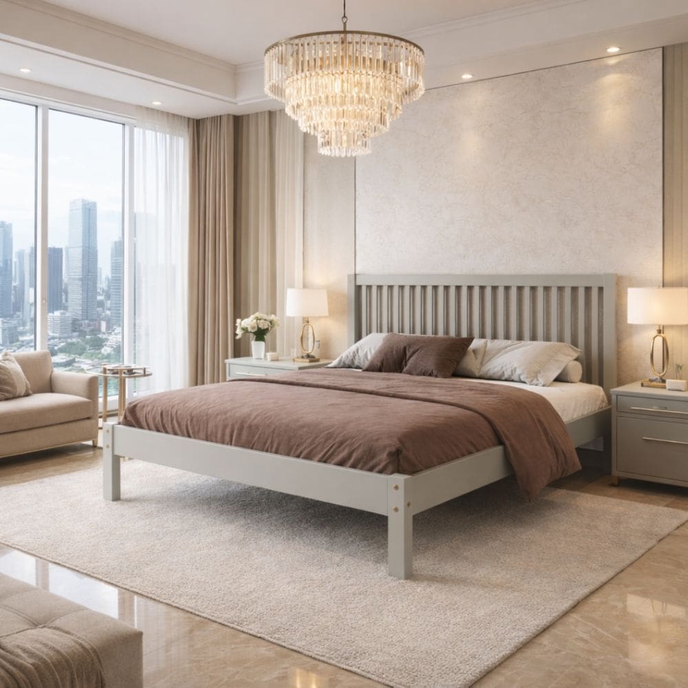 Cama de Casal 100% Madeira Maciça Com Cabeceira Alta Ripada