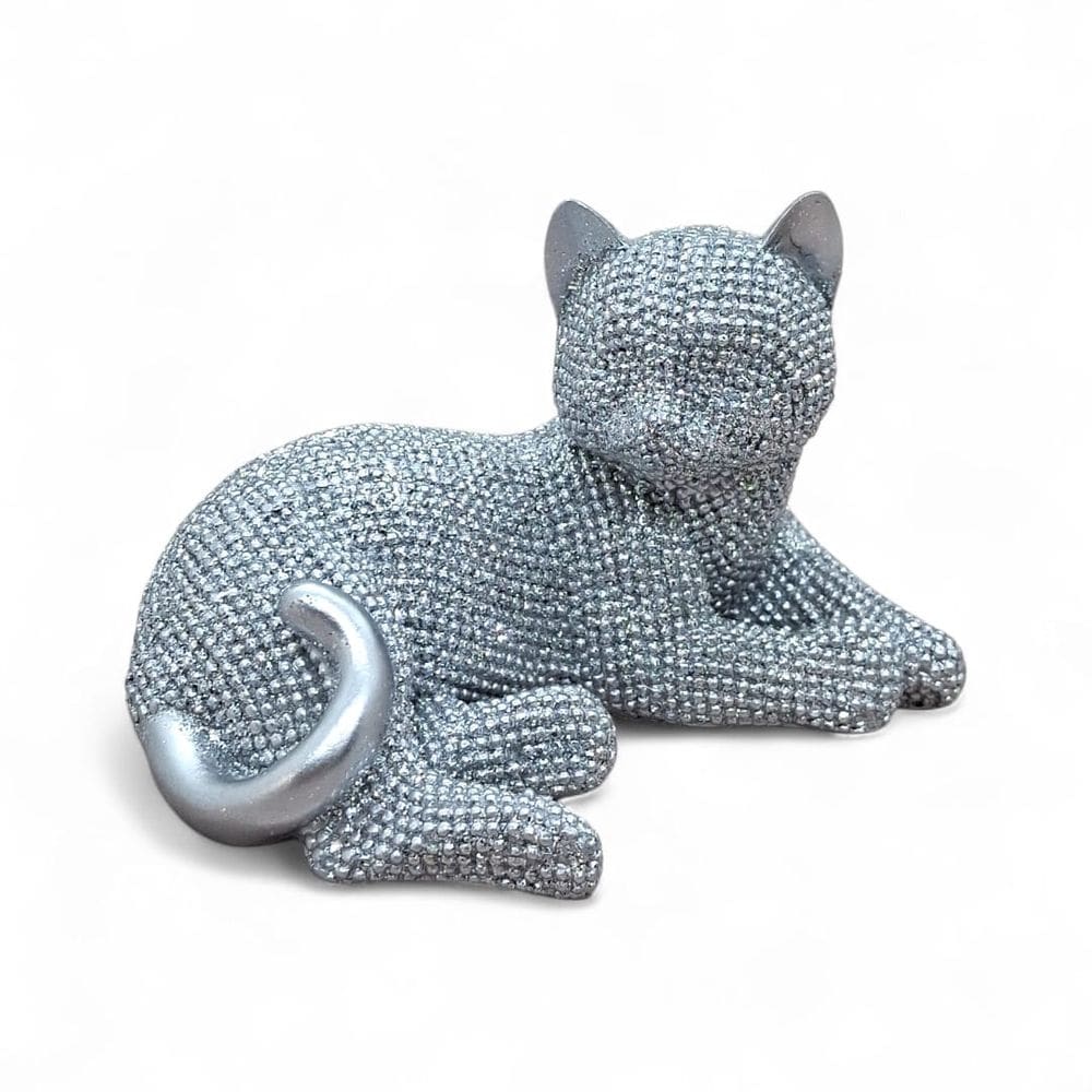 Estátua de Gato Deitado em Resina Prata com Brilho 11 cm