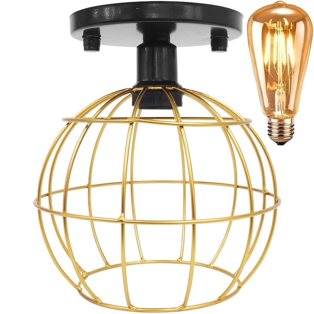 Lustre Teto Plafon + Lâmpada Led Industrial Aramado Globo Dourado Retrô Luminária Vintage Preto
