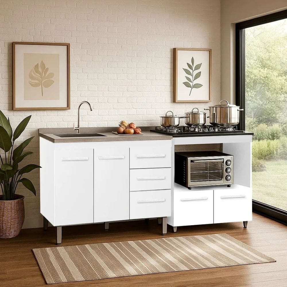 Kit Balcão Para Pia 120cm Bianca + Balcão Para Cooktop 5 Bocas Elisa - Branco