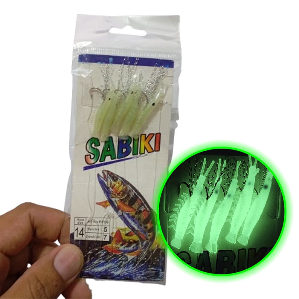 Isca Artificial Pesca Sabiki 5 Camarao Fluorescente Lambari Robalo Tainha Mar Rio Lago Acude Pescaria Esportiva Noturna
