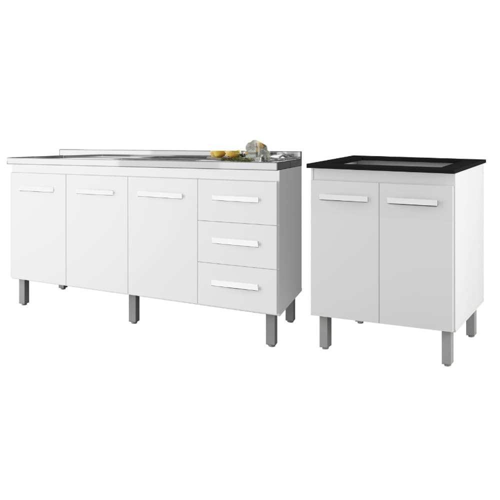 Kit Balcão para Pia 150 cm Diana + Balcão Para Cooktop 5 Bocas Jade - Branco