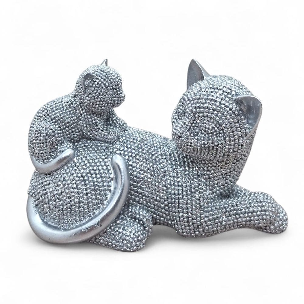Estátua Gatinho e Mãe Deitados Resina Prata com Brilho 11 cm