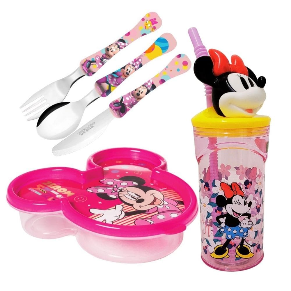 Kit Lancheira Infantil Minnie Disney 5 Peças Pote com Tampa, Copo 3D e Talheres