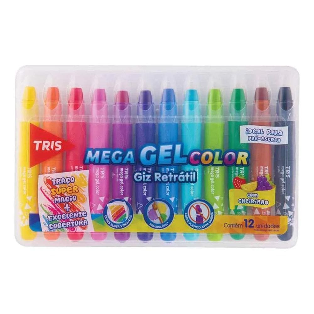 2X Giz De Cera Retrátil Mega Gel Color 12 Cores Cheirinho Tr