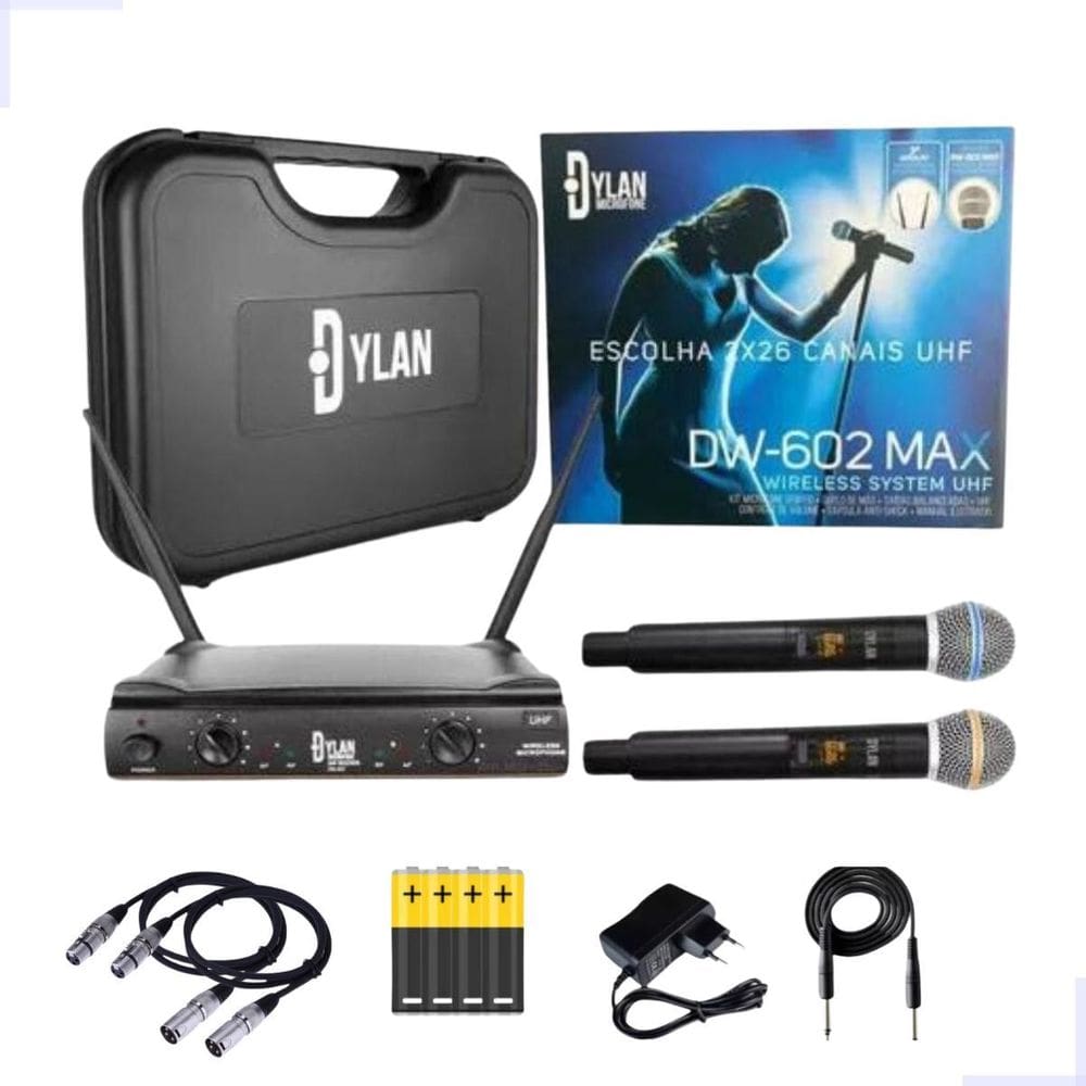 Microfone Sem Fio Duplo Dylan Dw602 Max Uhf + 2 Cabos Xlr