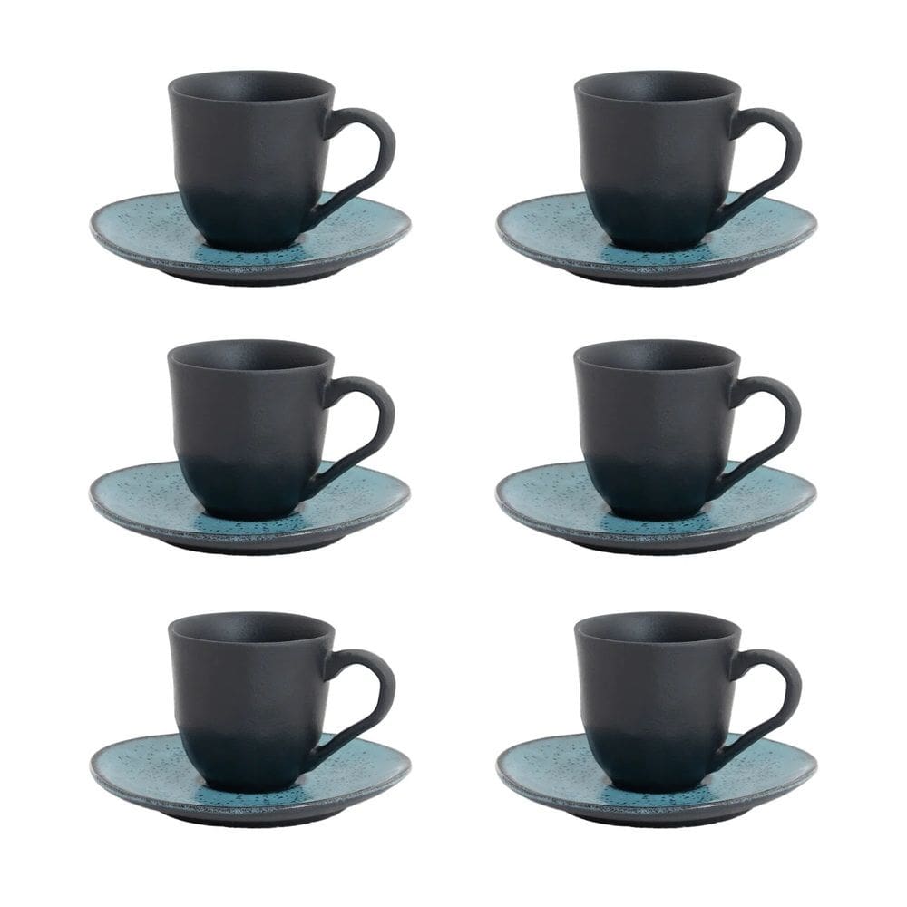 Cj 6 Xícaras P/Café C/Pires de Cerâmica Stoneware Orgânico Geo Petroleum 120ml Porto Brasil