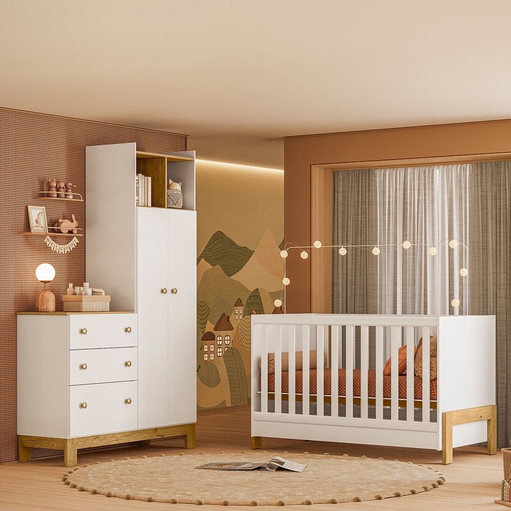 Quarto de Bebê com Berço Fantasia e Guarda Roupa com Cômoda Flora Branco Acetinado Qmovi