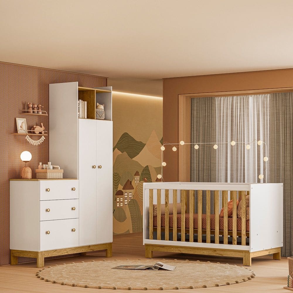 Quarto de Bebê com Berço Slim e Guarda Roupa com Cômoda Flora Branco Freijó Qmovi