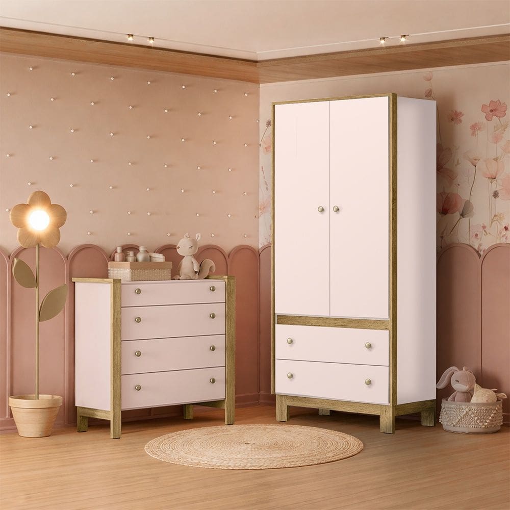 Quarto de Bebê com Cômoda 5135 e Guarda Roupa 5055 Flora Rosa Qmovi