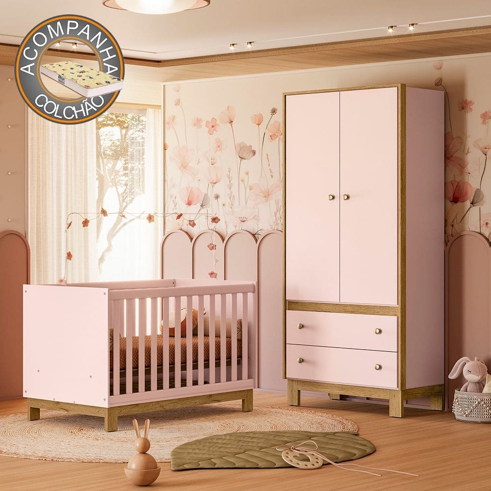 Quarto de Bebê com Berço Slim e Guarda Roupa Flora Rosa Qmovi + Colchão Gazin