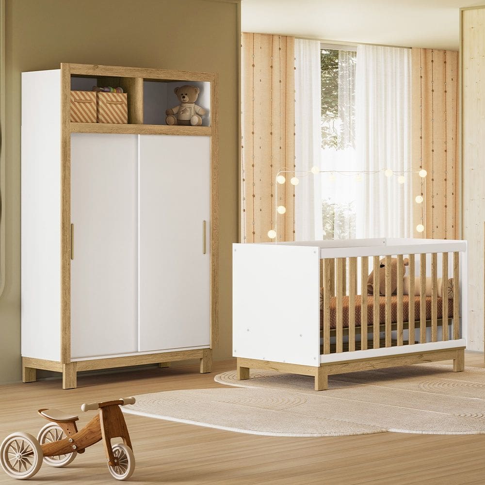 Quarto de Bebê com Berço Slim 4315 e Roupeiro 5085 Flora Branco Freijó Qmovi