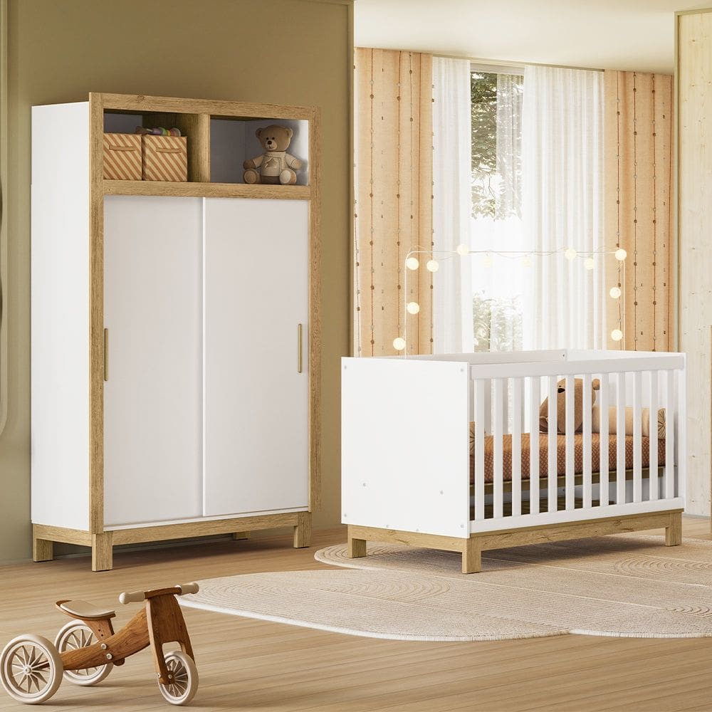 Quarto de Bebê com Berço Slim 4315 e Roupeiro 5085 Flora Branco Acetinado Qmovi