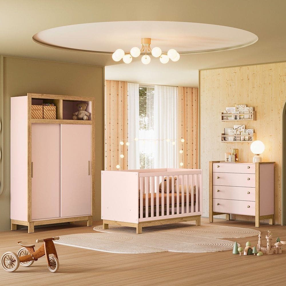 Quarto de Bebê Completo Flora com Berço Cômoda e Roupeiro 5085 Rosa Qmovi