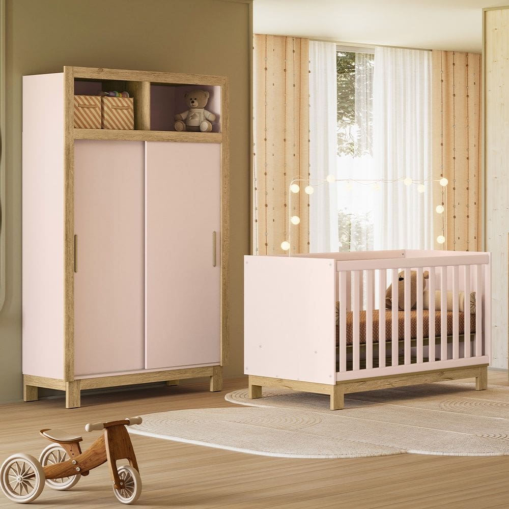 Quarto de Bebê com Berço Slim 4315 e Roupeiro 5085 Flora Rosa Qmovi