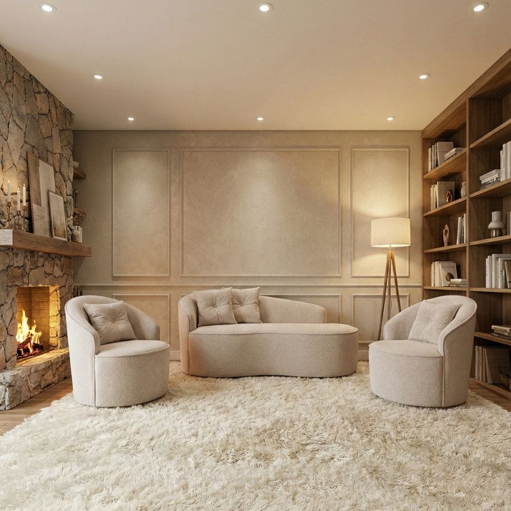 Kit de 01 Sofá Orgânico Curvo Feijão + 02 Poltronas Confortável Sala Estúdio Amore Bouclê Bege - Montanari`s Decor