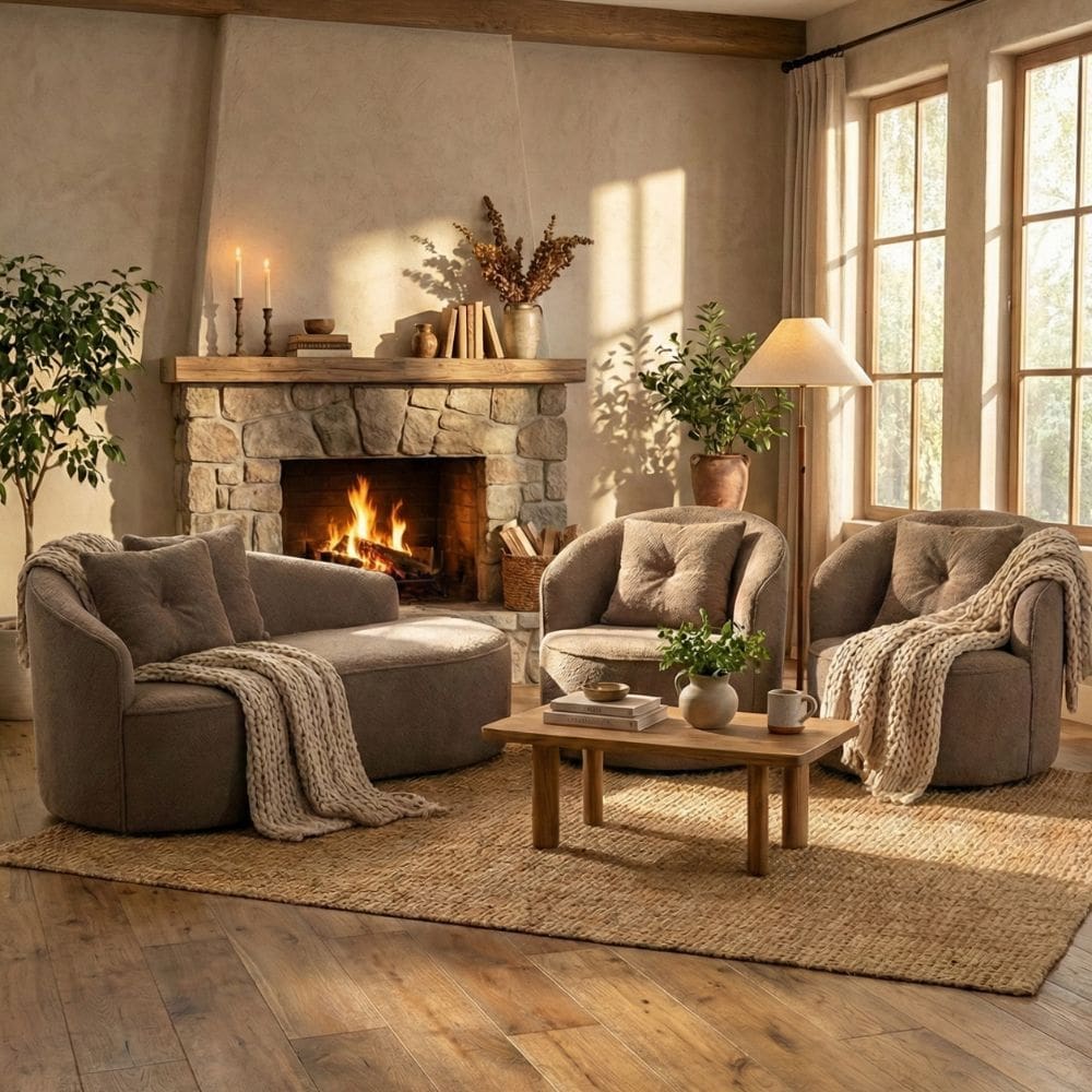 Kit de 01 Sofá Orgânico Curvo Feijão + 02 Poltronas Confortável Sala Estúdio Amore Bouclê Cappuccino - Montanari`s Decor