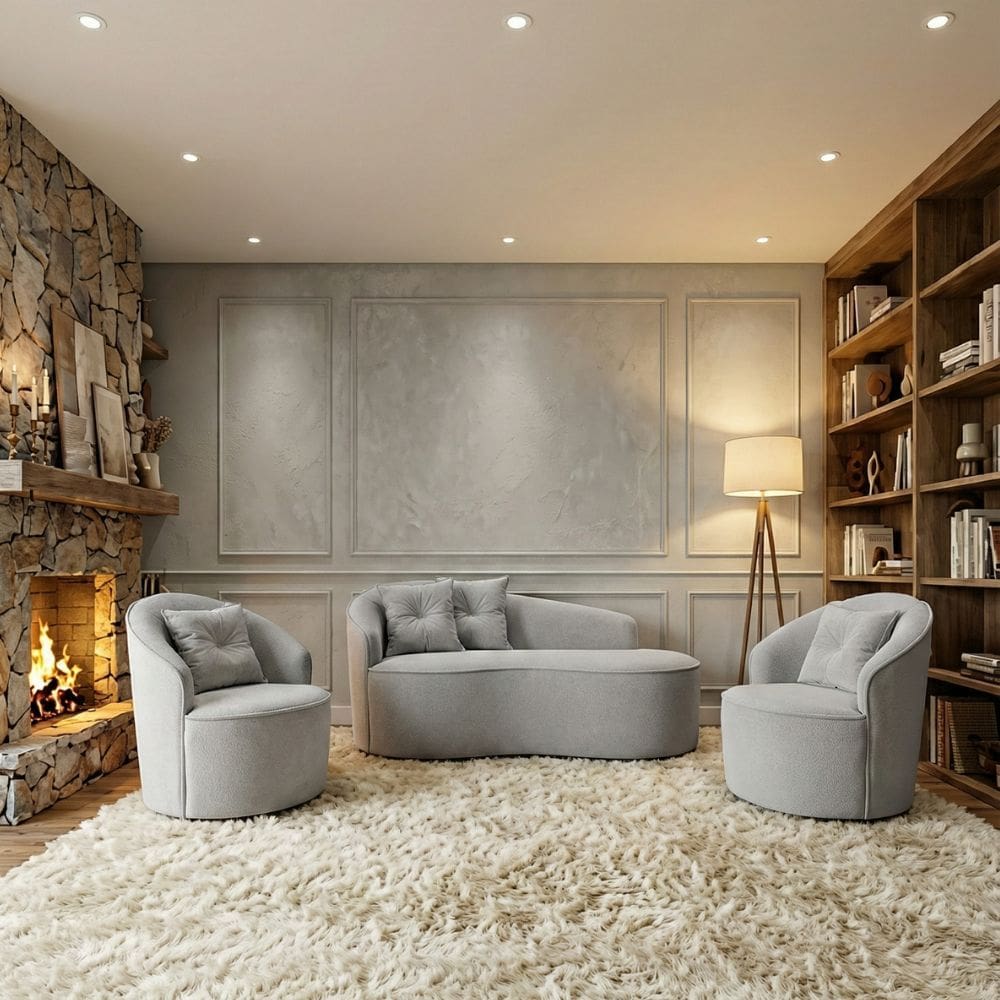 Kit de 01 Sofá Orgânico Curvo Feijão + 02 Poltronas Confortável Sala Estúdio Amore Bouclê Cinza Claro - Montanari`s Decor