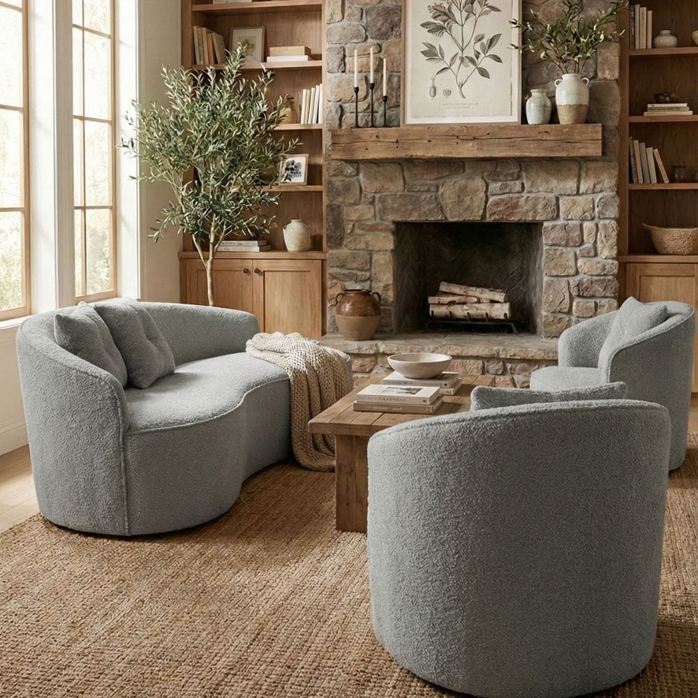 Kit de 01 Sofá Orgânico Curvo Feijão + 02 Poltronas Confortável Sala Estúdio Amore Bouclê Cinza - Montanari`s Decor