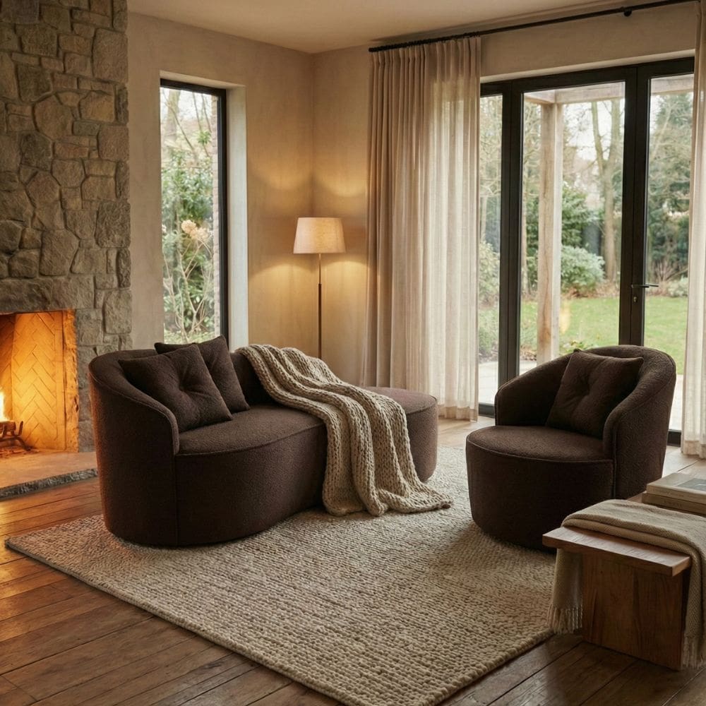 Kit de 01 Sofá Orgânico Curvo Feijão + 01 Poltrona Confortável Sala Estúdio Amore Bouclê Marrom - Montanari`s Decor