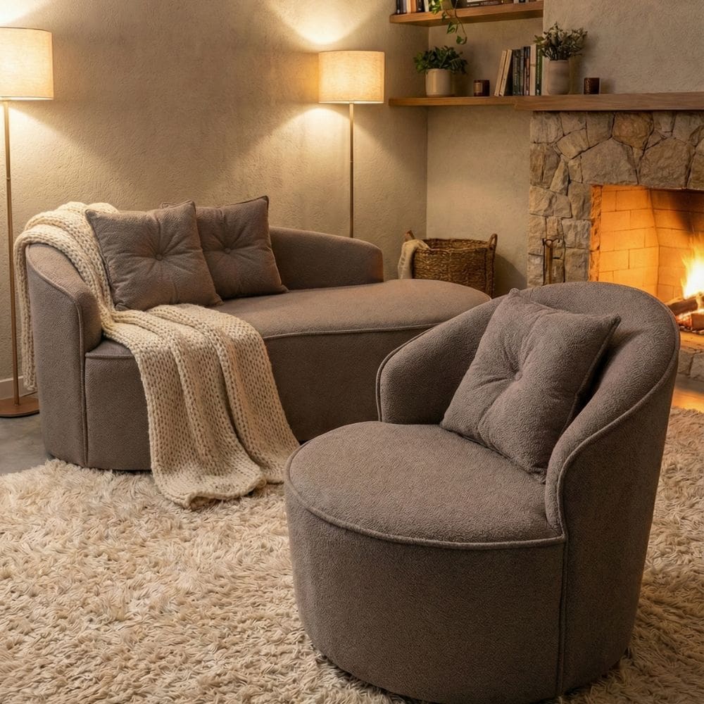 Kit de 01 Sofá Orgânico Curvo Feijão + 01 Poltrona Confortável Sala Estúdio Amore Bouclê Cappuccino - Montanari`s Decor